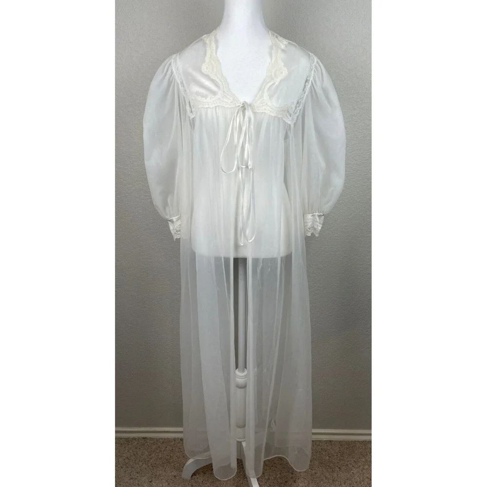 Vtg Miss Elaine CHIFFON PEIGNOIR Robe HOUSECOAT Large White Sheer Union Made USA
